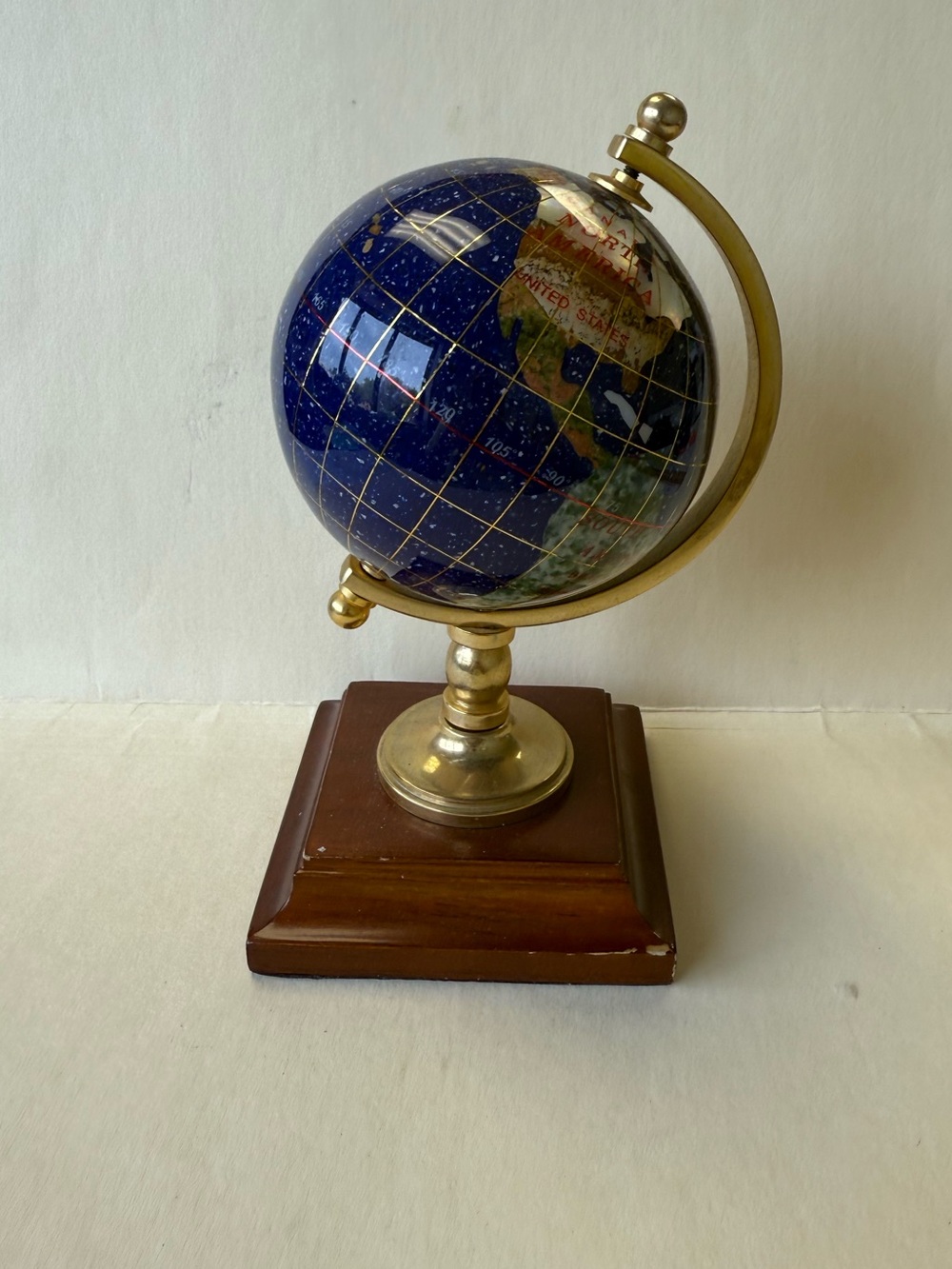 Vintage Decorative Lapis Gemstone Inlay Blue Globe Rotating Brass on Wood Base.